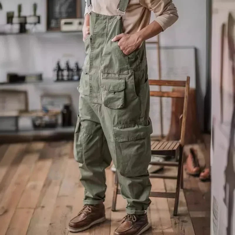 Trendy Brand Straight Tube Multi Pocket Work Overalls Men's Light Green Hip-hop Jumpsuit Couple Suspender Pants