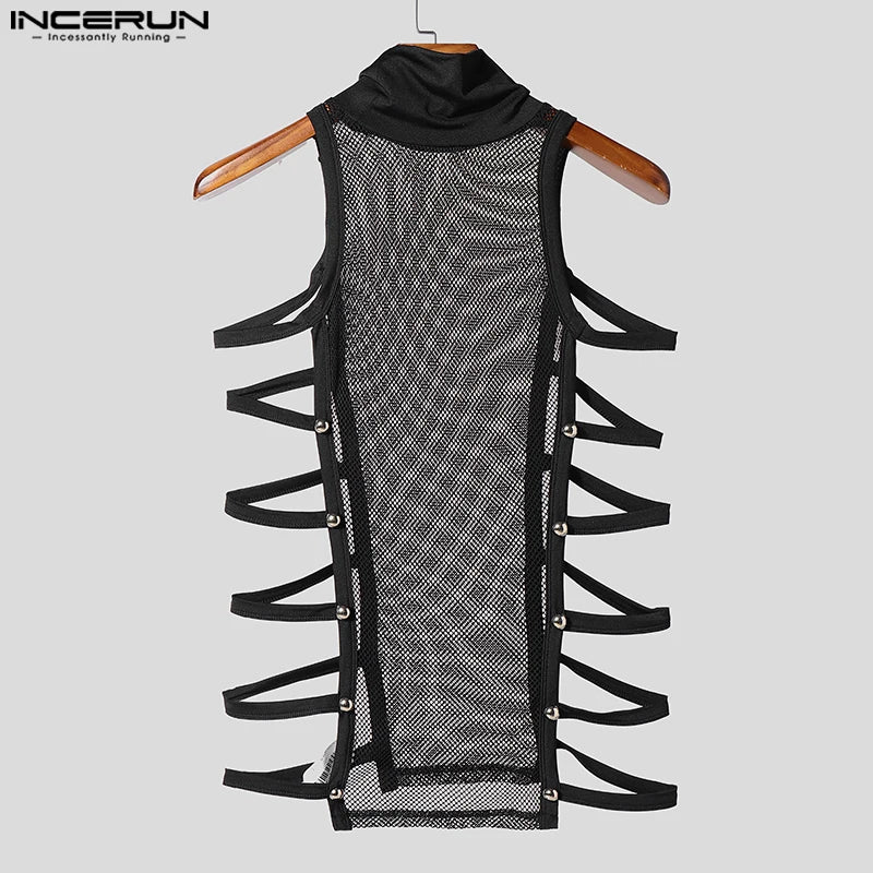 INCERUN Men Tank Tops Mesh Patchwork See Through Turtleneck Sleeveless Male Vests Streetwear Hollow Out Sexy Men Clothing Summer