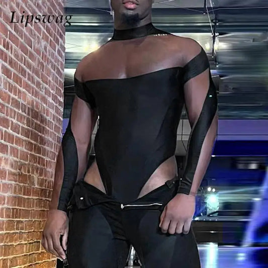 Sexy See Through Mesh Jumpsuits Tees Mens Spring Party Fashion Patchwork Mesh T-shirts Men Stylish Slim Fit Long Sleeve Pullover
