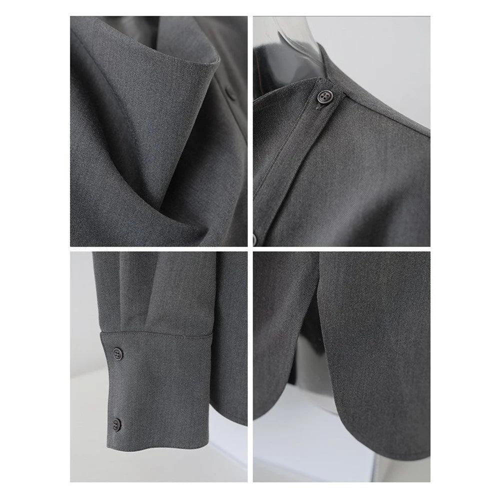 Premium gray drape shirt retro loose collar design long sleeve shirt bottoming shirt women's spring large size tide