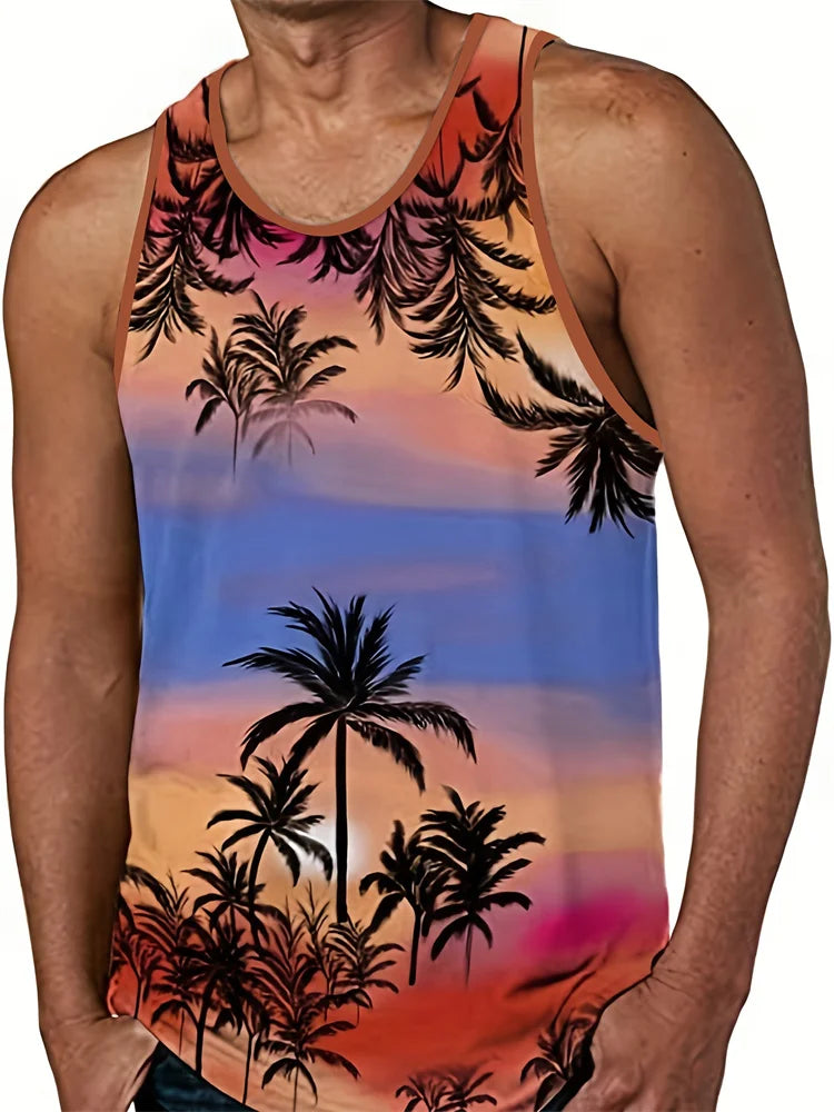 New Summer Men's Sleeveless T-Shirt Men's Outdoor Hawaii Classic Travel Wear Plus-Size Round Neck Palm Leaf 3D Printed Vest