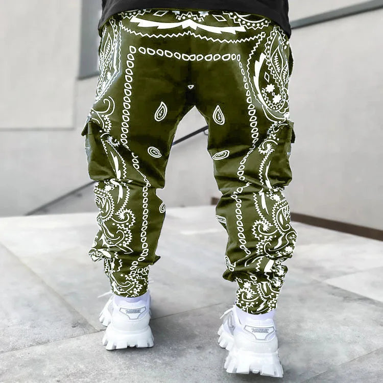 New Men's Cargo Pants Trend Printed Loose Hip Hop Fashion Street Wear Big Pocket Overalls Men Bright Color Four Seasons Trousers