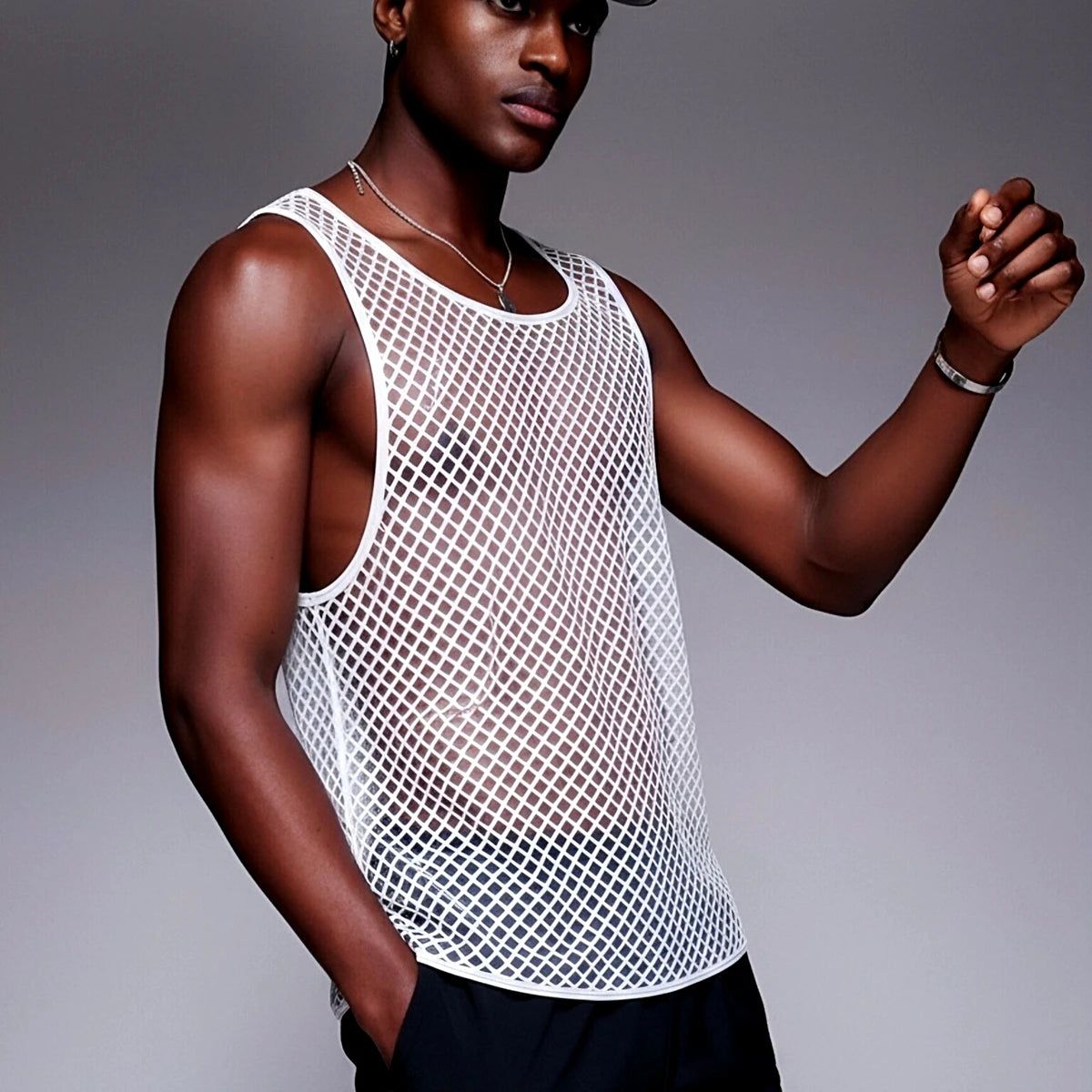 JOCKMAIL Men Tank Tops Mesh Hollow Out O-neck Sleeveless Male Vests Streetwear Summer Sexy See Through Fashion Men Clothing