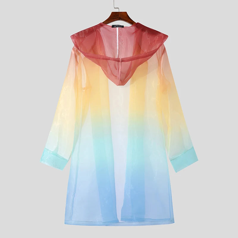 Men Trench Tie Dye Gradient Hooded Long Sleeve Transparent Open Stitch Casual Coats Streetwear Fashion Male Cardigan INCERU