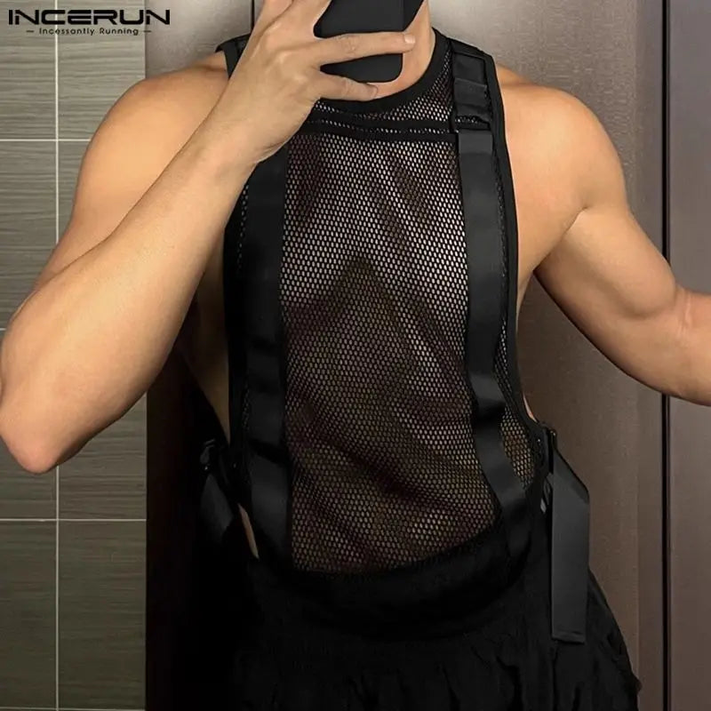 INCERUN Men's Tank Tops Mesh Transparent Solid Color O-neck Sleeveless Casual Male Vests Streetwear 2024 Fashion Men Clothing