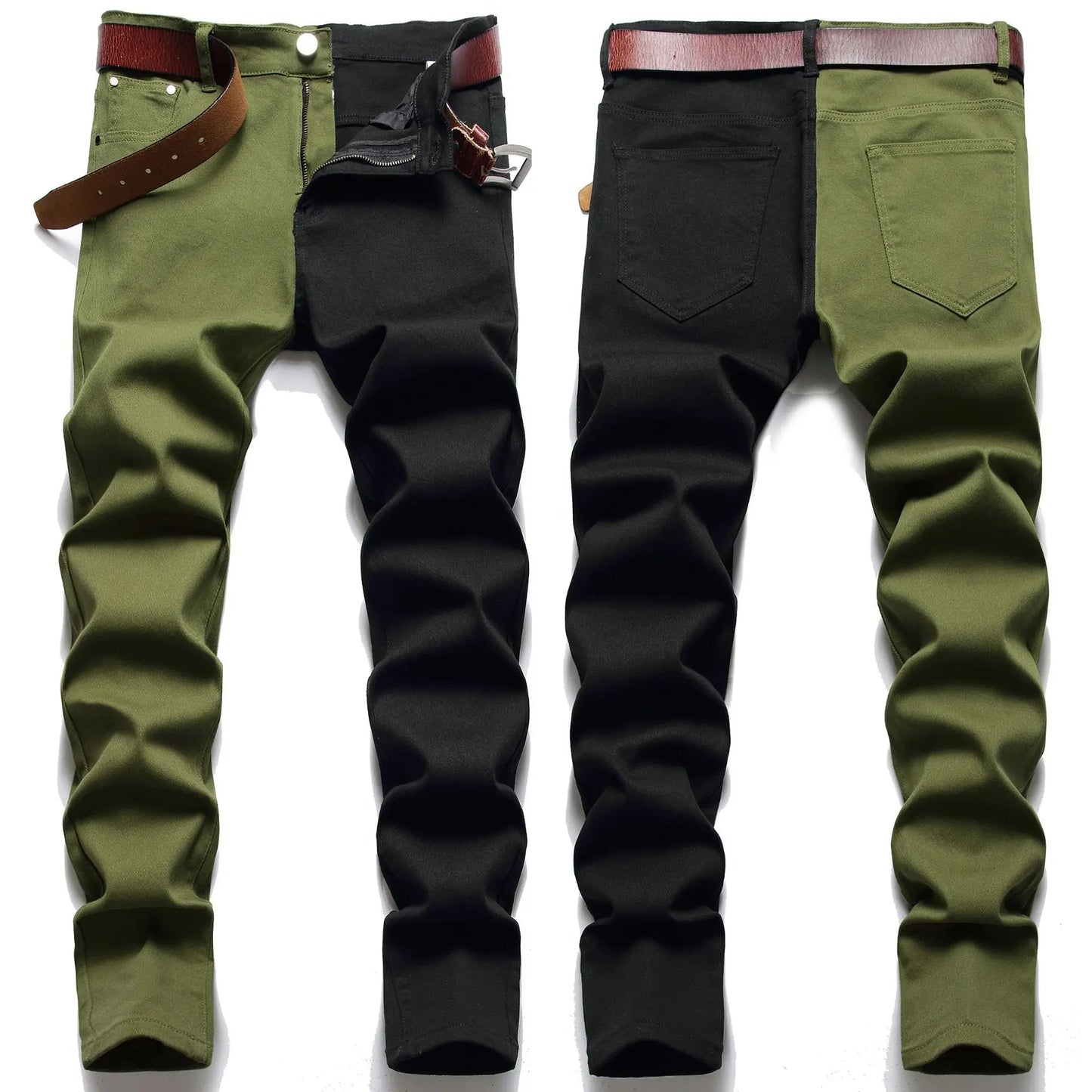 Two Colors Spliced Into Jeans Men's Fashion Casual Trousers and Shorts Red Green Yellow Denim Pants 28-38