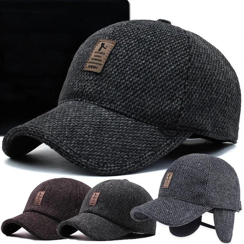 Winter Warm Dad Hat Men's Baseball Cap with Earflap Thicken Cotton Snapback Caps Ear Protection Windproof Knitted Hats for Men