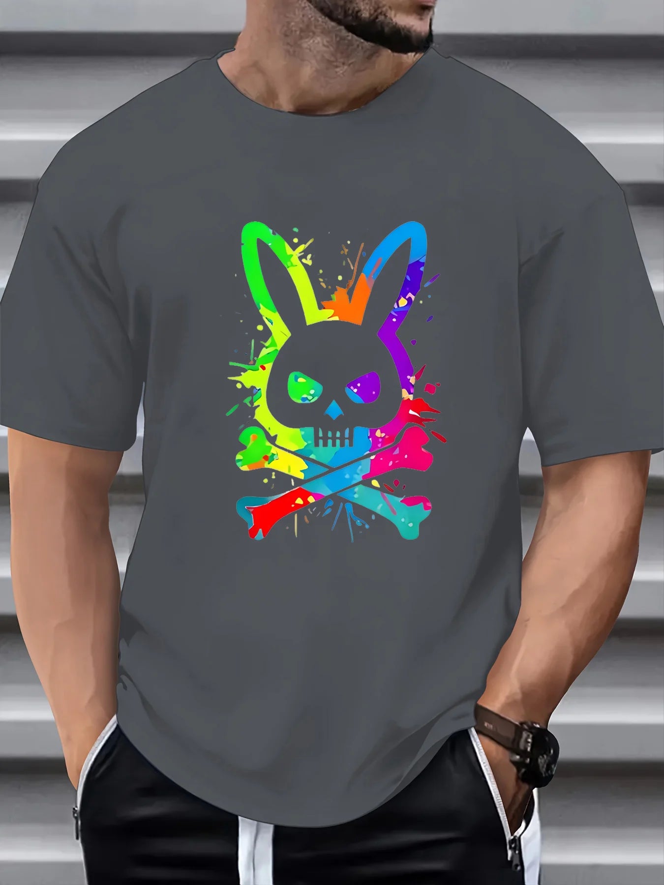 Men's summer 100% pure cotton fashionable casual loose color skull and rabbit print sports round neck short sleeved T-shirt top