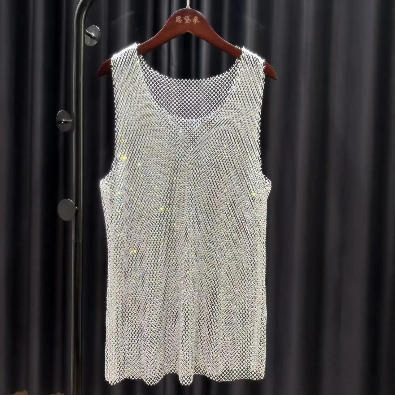 Men's Sheer Bling Tank Tops Mesh Fishnet Sleeveless Vest Top Hollow Out Flash Diamond Tank Shirt Sexy Tops to Show Muscle