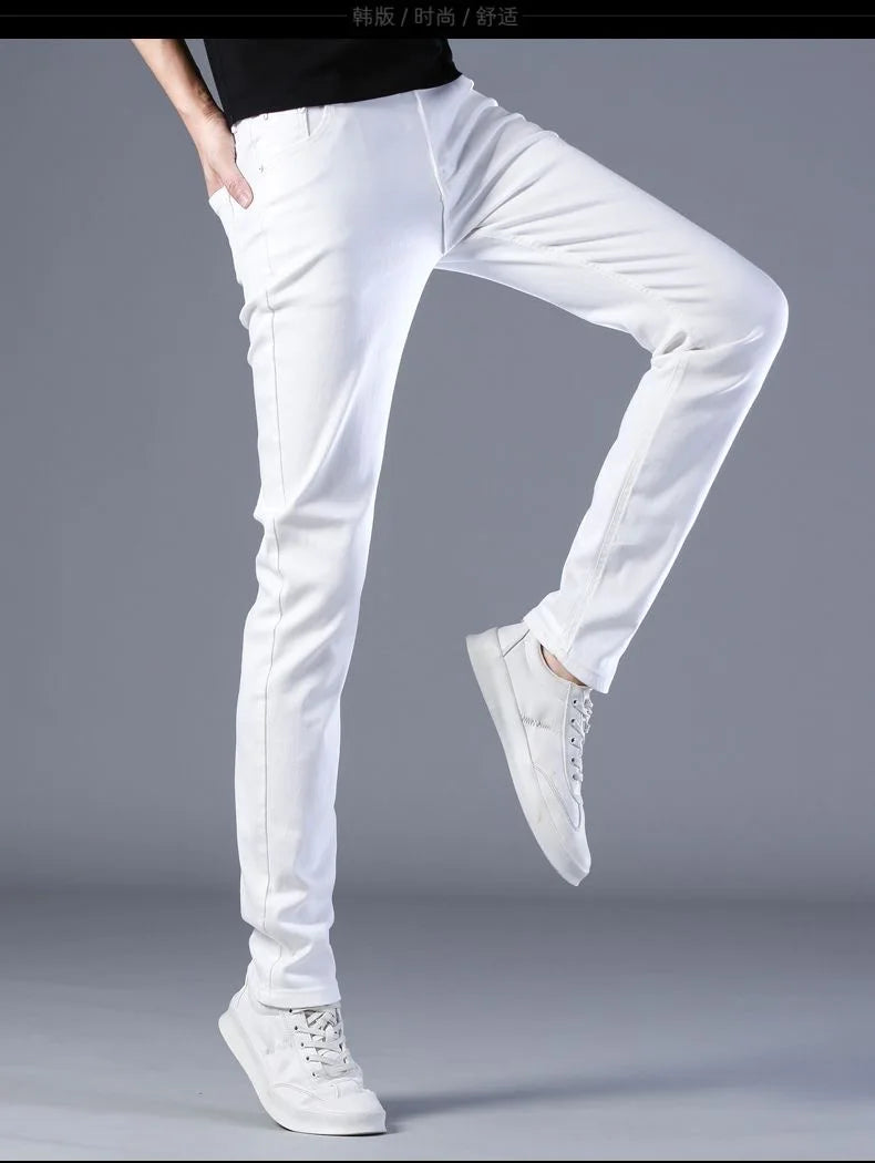 2024 Spring and Autumn New Fashion Trend White Elastic Denim Pants Men's Casual Slim Comfortable Breathable Small Legs 28-38