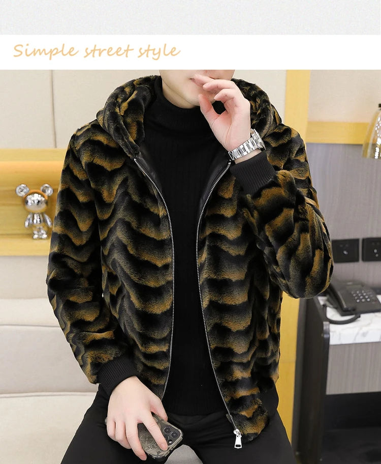 2022 Winter Faux Fur Mink Jackets Men Thicken Warm Imitation Fur Hooded Coat Slim Casual Business Social Jackets Men Clothing