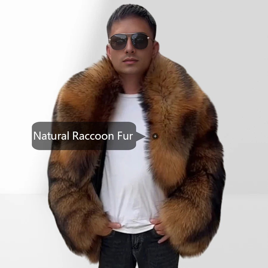 Men's Raccoon Fur Coat With Hood Natural Full Skin Raccoon Fur Jacket Genuine Leather Jacket High Quality  Real Fur Coat Long