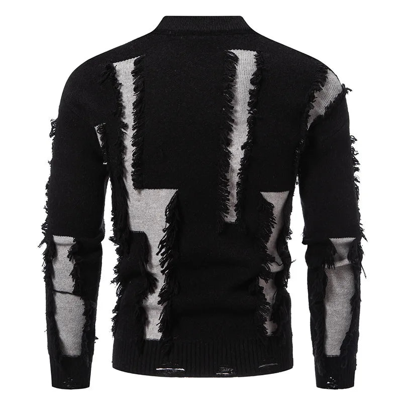 Fashion 2025 Autumn and Winter New Men's Sweater Color-blocked Ripped Round Neck Long Sleeve Base Shirt Knitted Sweater