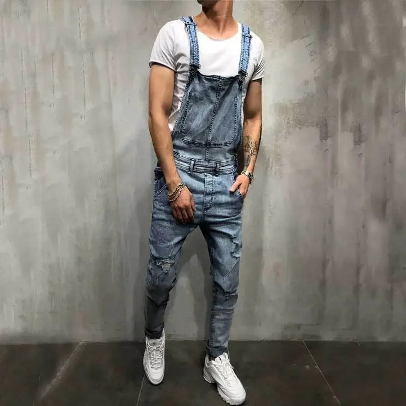 Men Jeans Jumpsuits Denim Overalls Distressed Pockets One Piece Pencil Pants Solid Washed Ankle Length Safari Style Spliced 2025