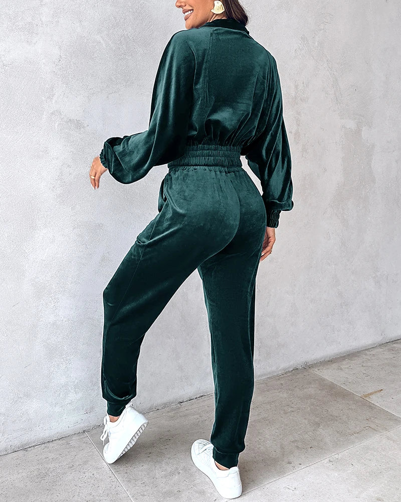 Women Urban Leisure Suits 2024 Spring Summer Latest Elegant Flip Collar Zipper Decoration Velvet Hoodie Casual Sports Pants Set