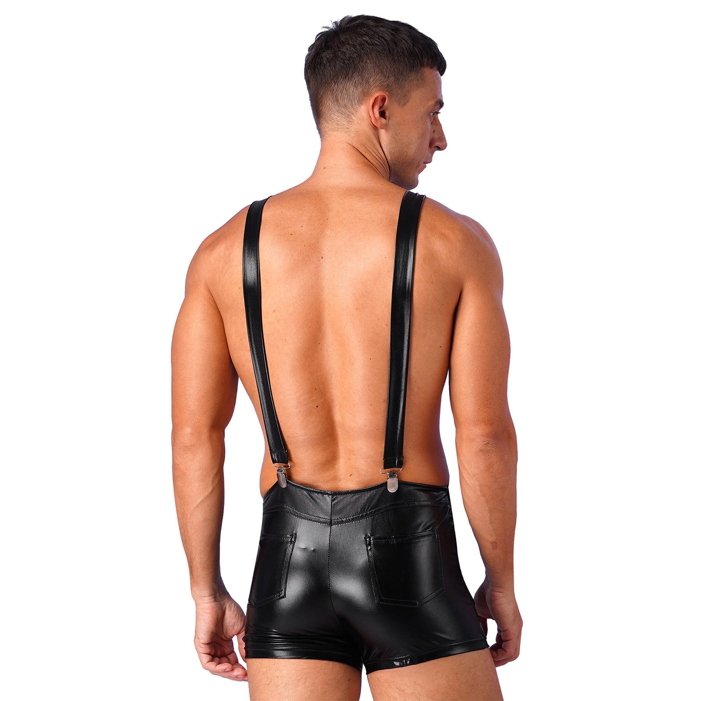 Mens Shiny Metallic Bib Overall Suspender Shorts Jazz Hip Hop Leotard Dance Costumes Shoulder Straps Jumpsuit Suspender Romper