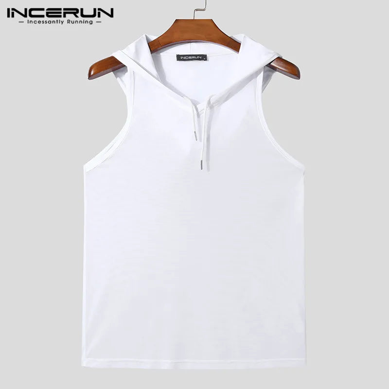 INCERUN Men Tank Tops Mesh Transparent Solid Color Hooded Sleeveless V Neck Male Vests Streetwear Sexy 2024 Fashion Men Clothing