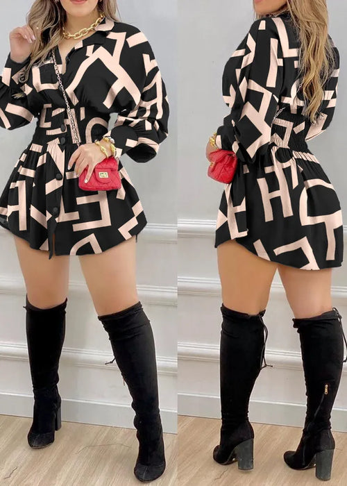 Fashion Women Casual Solid&Letter Waistband Letter Print Shirred Lantern Sleeve Buttoned Shirt Dress Women Clothing Trend 2024