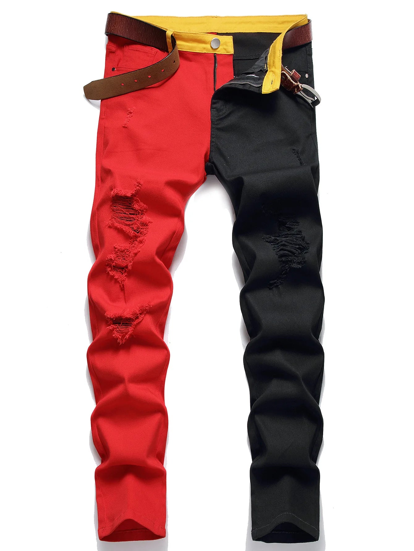 Two Colors Spliced Into Jeans Men's Fashion Casual Trousers and Shorts Red Green Yellow Denim Pants 28-38