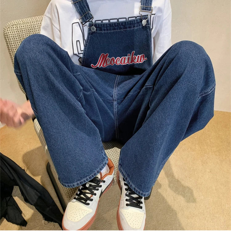 American retro denim overalls men's design sense niche Japanese casual loose couple straight work overalls vintage jeans men