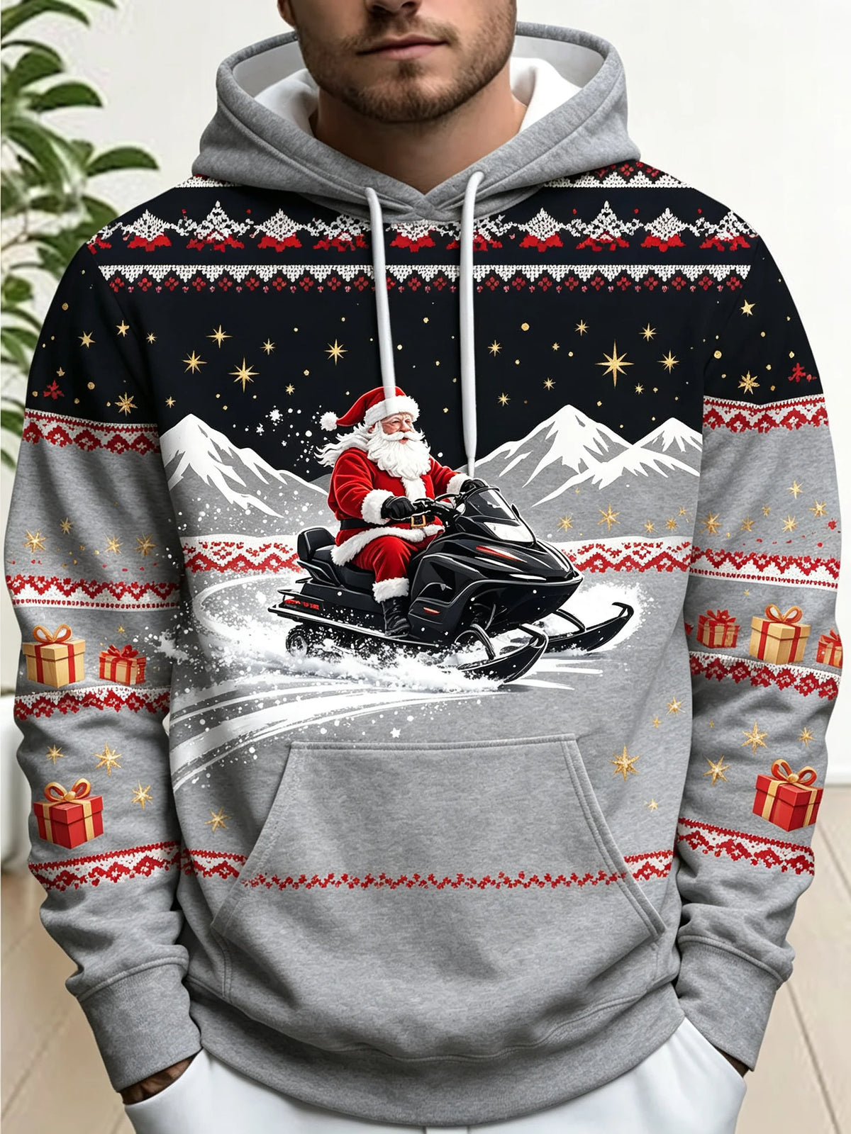 2026 Men Thin Sweatshirt Autumn Winter Hoodie Xmas Santa Snowman Mountain Graphic Print Long Sleeve Male Tops Men's Clothes