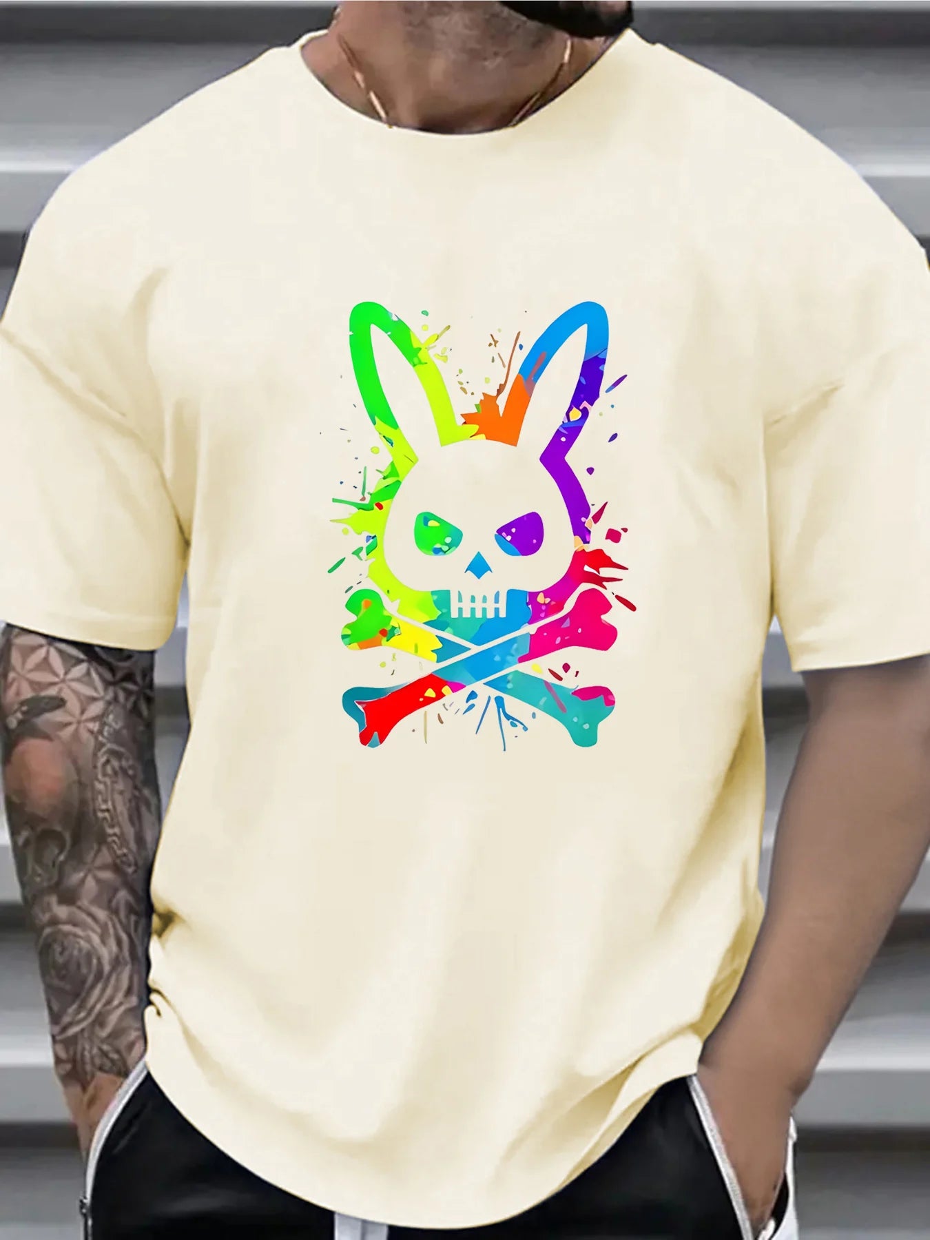 Men's summer 100% pure cotton fashionable casual loose color skull and rabbit print sports round neck short sleeved T-shirt top