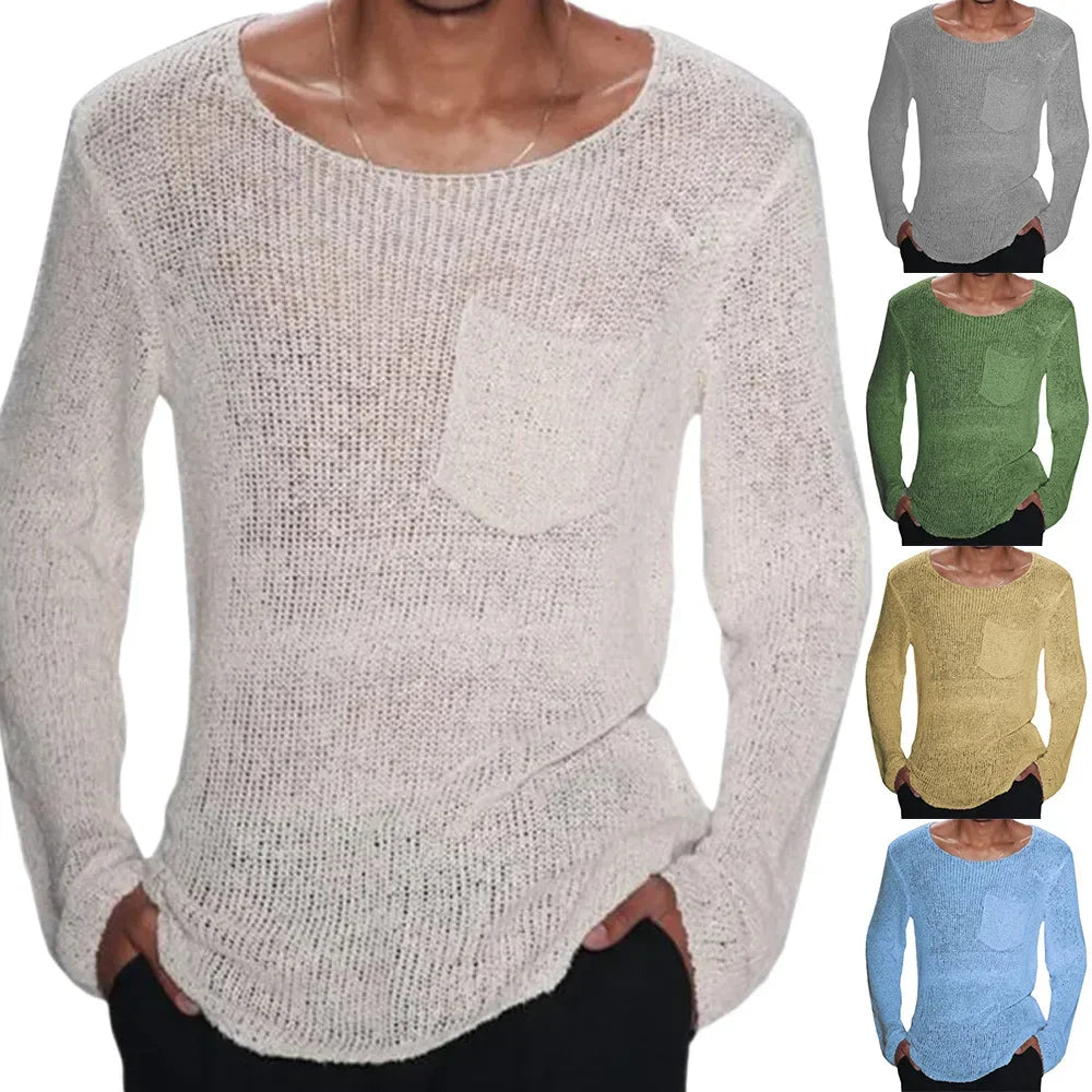 Spring New Knitwear Men's Solid Color Long-sleeve Pocket Knitted Sweater T Shirts Streetwear Men's Fashion Tops