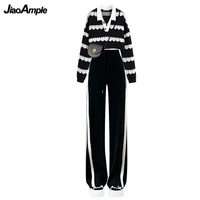 Women's Autumn Winter Suit Korean Elegant Chic Short Knit Sweater Wide Leg Pants Two Piece Female Fashion Sweater Matching Set