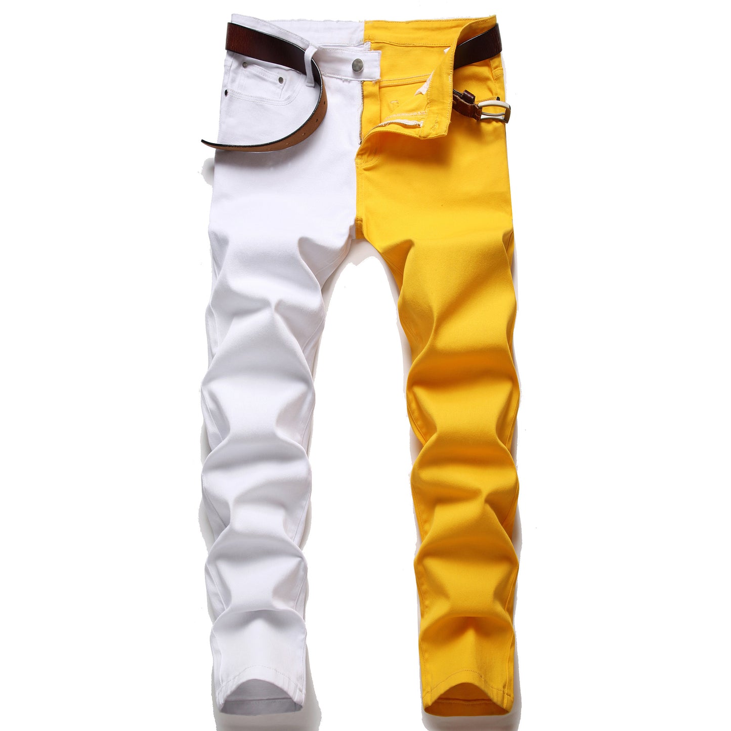 Two Colors Spliced Into Jeans Men's Fashion Casual Trousers and Shorts Red Green Yellow Denim Pants 28-38