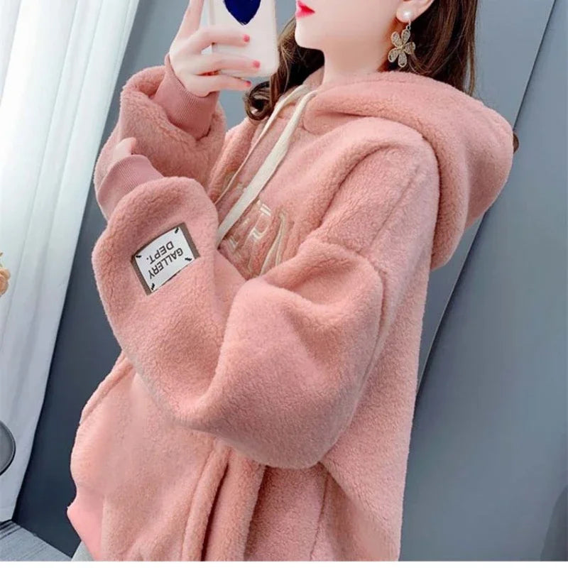 Autumn Winter Women's Jacket Fur Hoodies Sportswear Sweatshirts Y2k Harajuku Loose Warm Tops Korean Fashion Coats