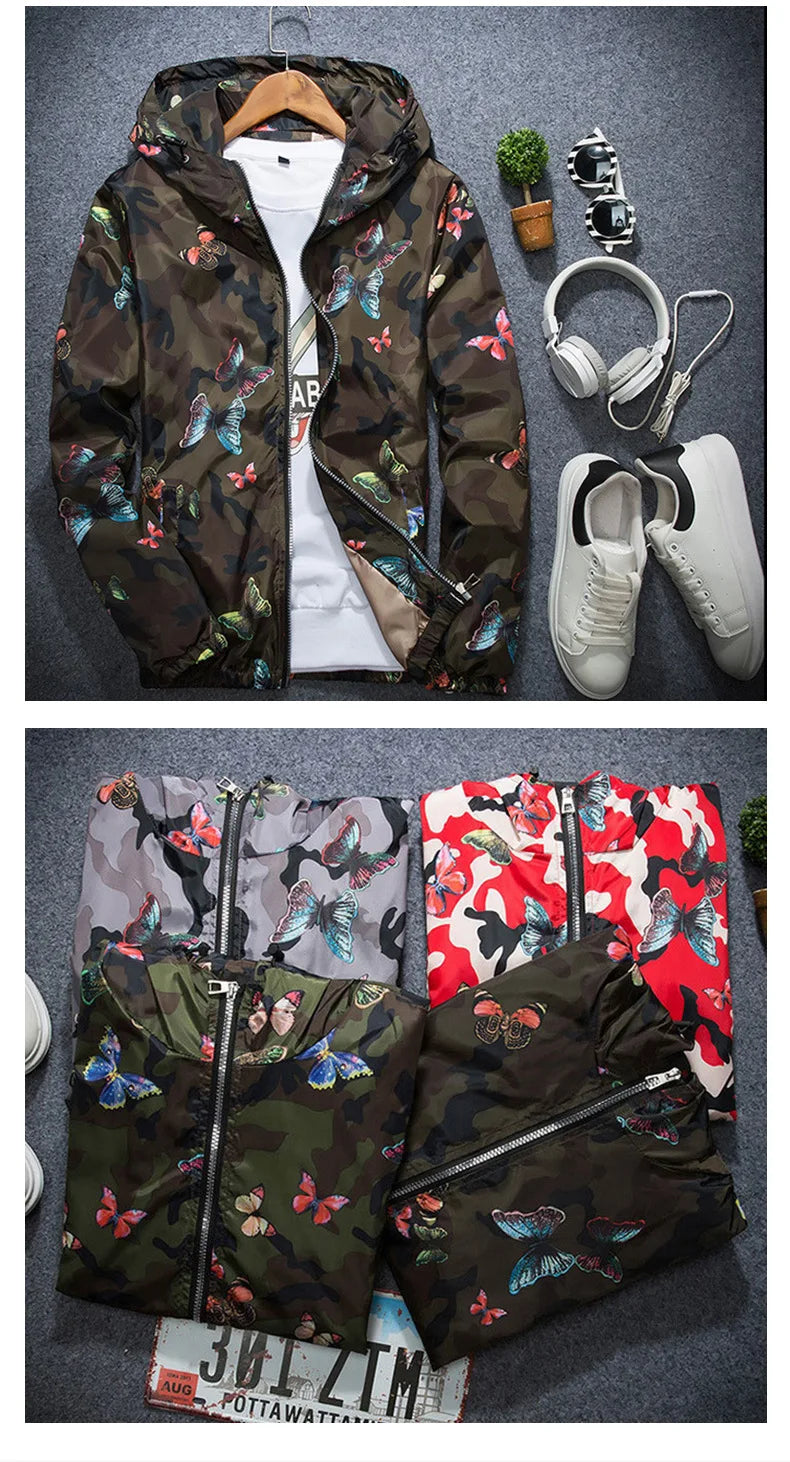 2025 Spring New Men's Camouflage Hooded Jacket Fashion Butterfly Print Loose Casual Coat Men Hood Windproof Outerwear Young Teen