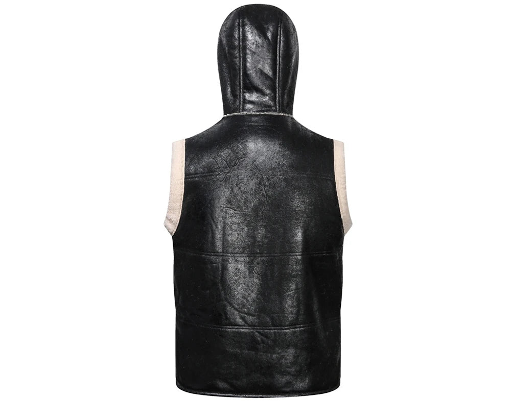 Winter Men's Fleece Warm PU Leather Vests Classical Men Faux Fur Motorcycle Leather Vests Men Windbreaker Hooded Vests Clothing