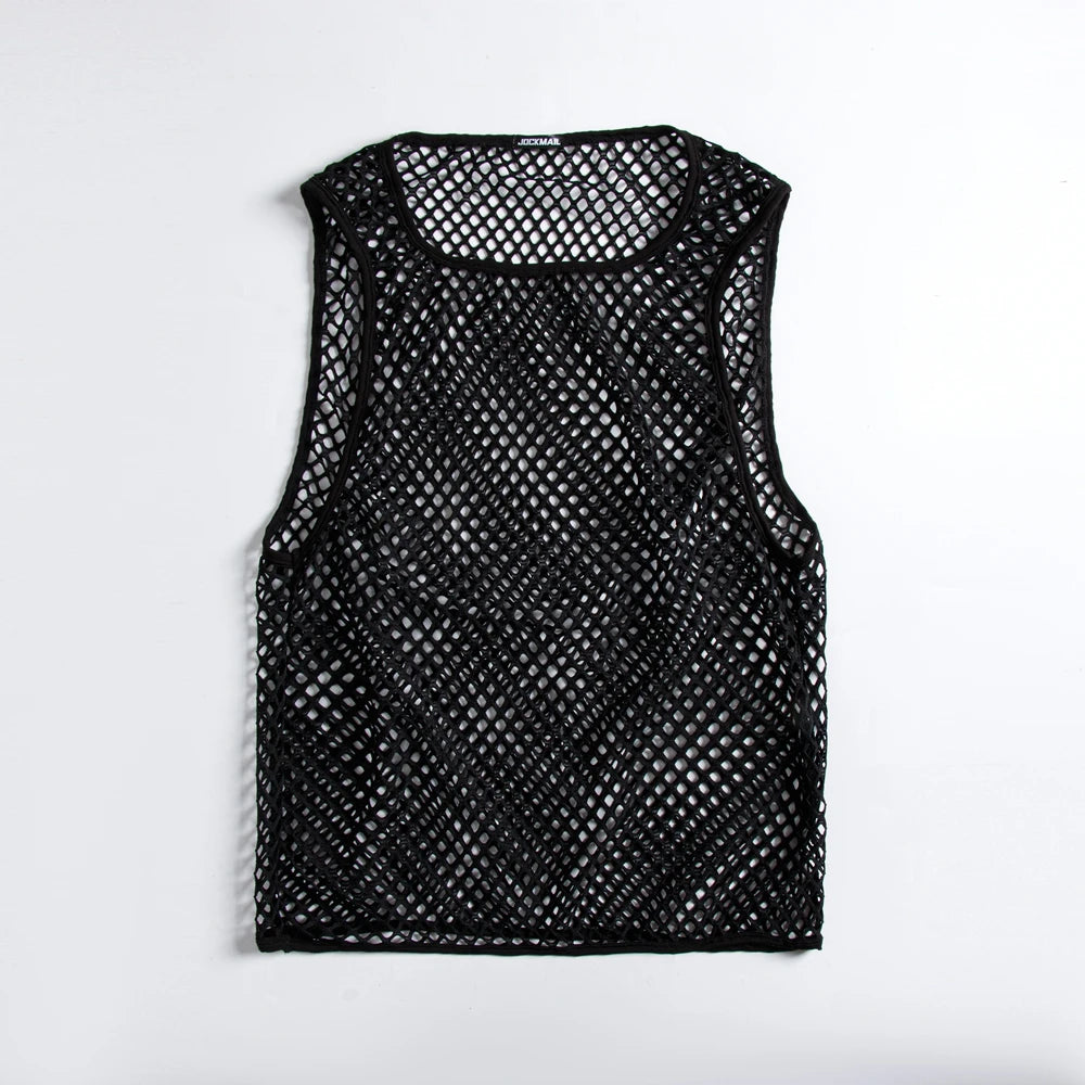 JOCKMAIL Men Tank Tops Mesh Hollow Out O-neck Sleeveless Male Vests Streetwear Summer Sexy See Through Fashion Men Clothing