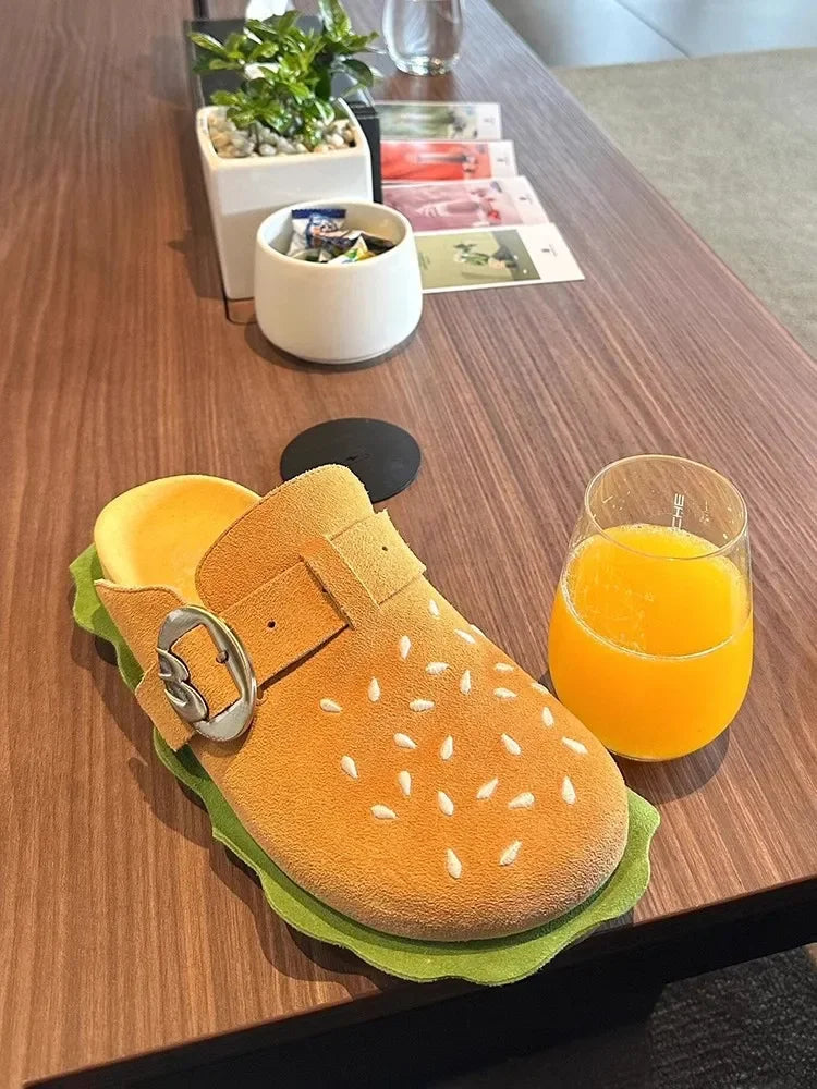 New Lazy Slippers Hamburger Sandals Lover Cute Cosplay Costumes Shoes Loafers Indoor Slippers Cow Suede Casual Comfort Men Women