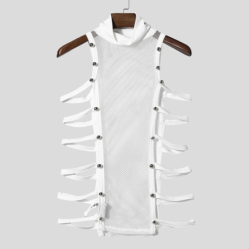 INCERUN Men Tank Tops Mesh Patchwork See Through Turtleneck Sleeveless Male Vests Streetwear Hollow Out Sexy Men Clothing Summer
