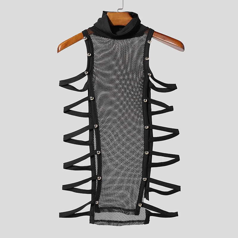 INCERUN Men Tank Tops Mesh Patchwork See Through Turtleneck Sleeveless Male Vests Streetwear Hollow Out Sexy Men Clothing Summer