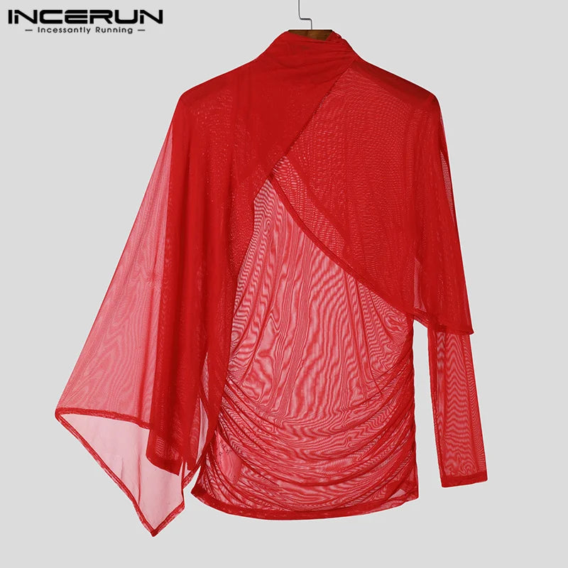 INCERUN Men See Through Solid Color Knitted T-Shirts Long Sleeve High Collar Camiseta Ruffled Edge Sexy Elegant Tops Fashion Top