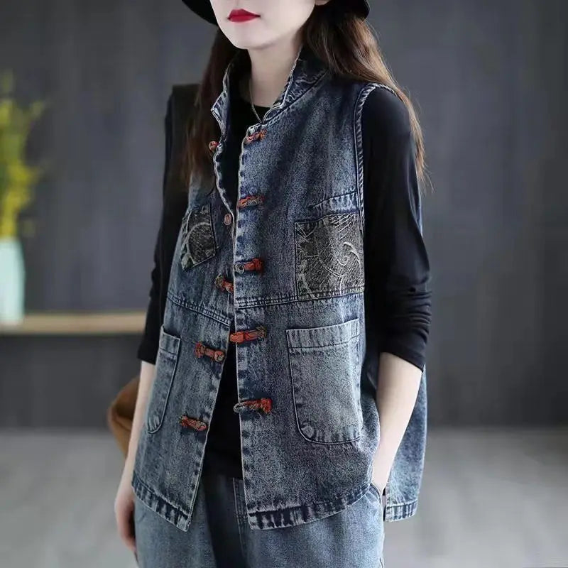 Women's Denim Vest Cotton Spring and Summer Short Plus Size Vest Chinese Style Retro Korean Fashionable Sleeveless Jacket Women