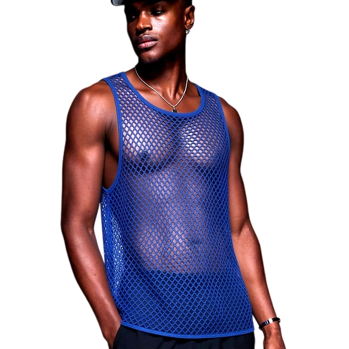 JOCKMAIL Men Tank Tops Mesh Hollow Out O-neck Sleeveless Male Vests Streetwear Summer Sexy See Through Fashion Men Clothing