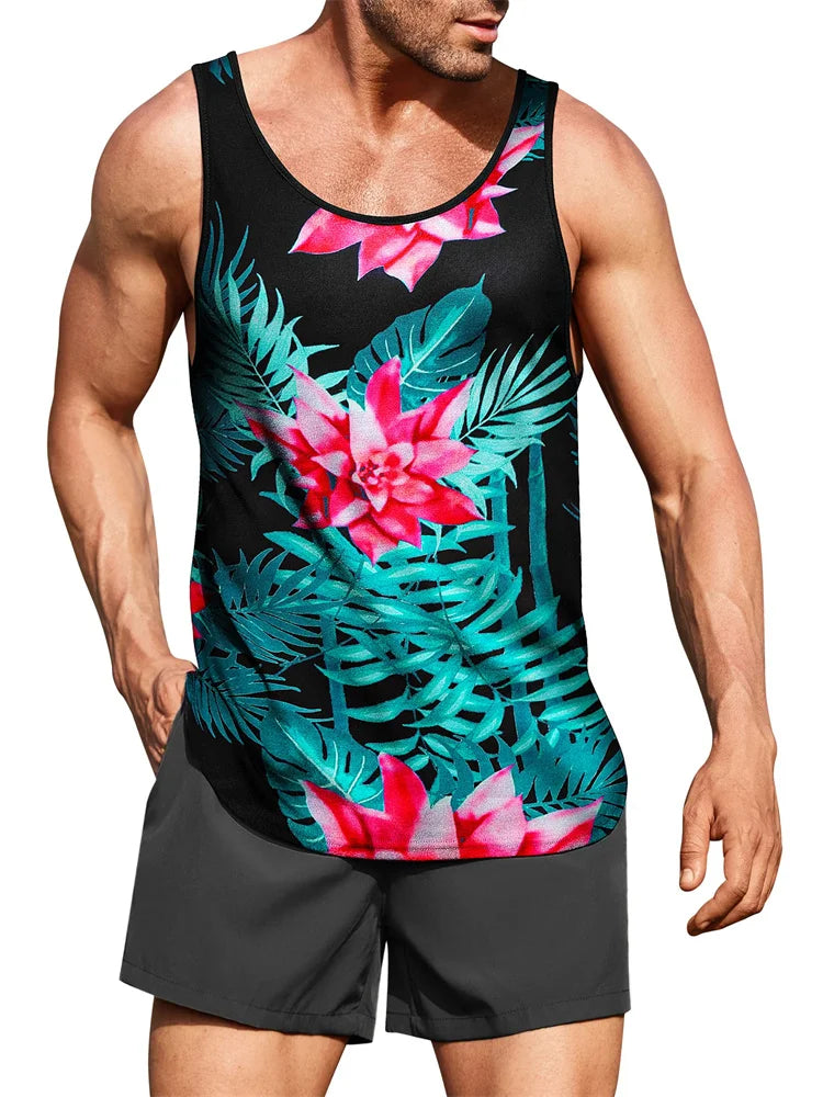 New Summer Men's Sleeveless T-Shirt Men's Outdoor Hawaii Classic Travel Wear Plus-Size Round Neck Palm Leaf 3D Printed Vest
