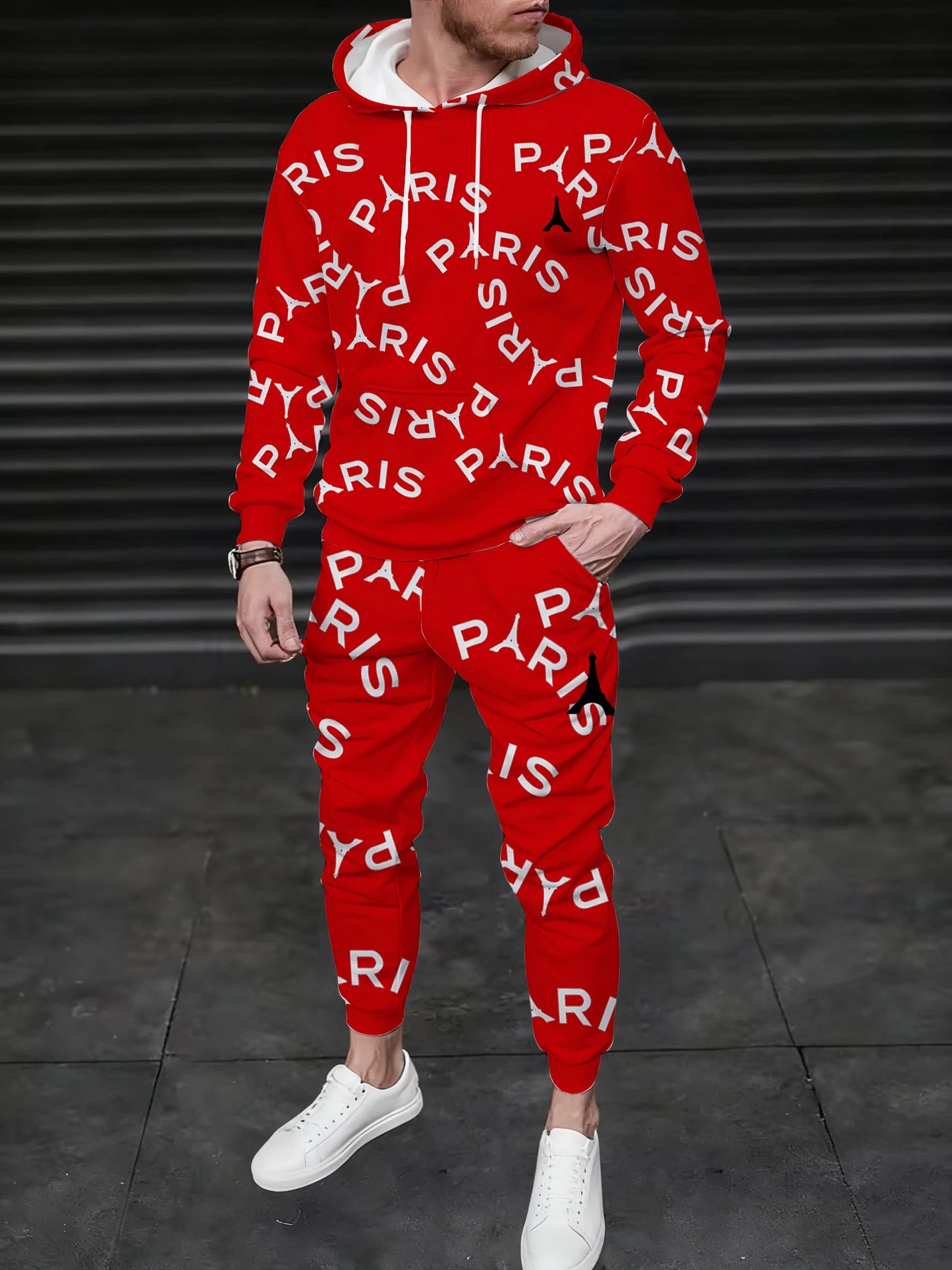 Men's hooded sweatshirt and sweatpants, with PARIS color-blocking combinations, are versatile for the street