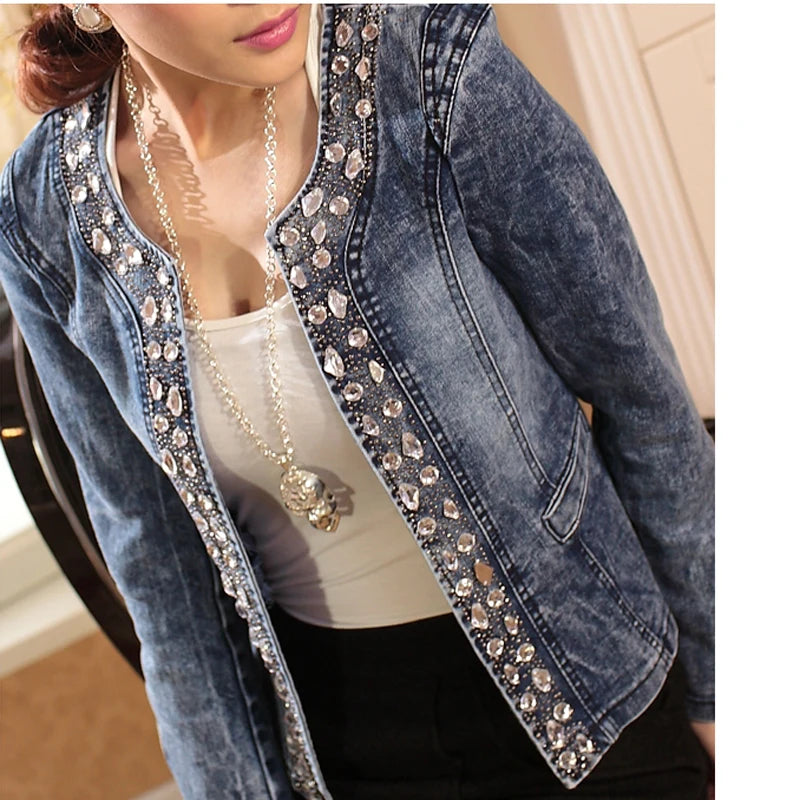 FMFSSOM New Spring Antumn Denim Jackets Vintage Diamonds Casual Coat Women's Denim Jacket Basis Tops Outerwear Jeans