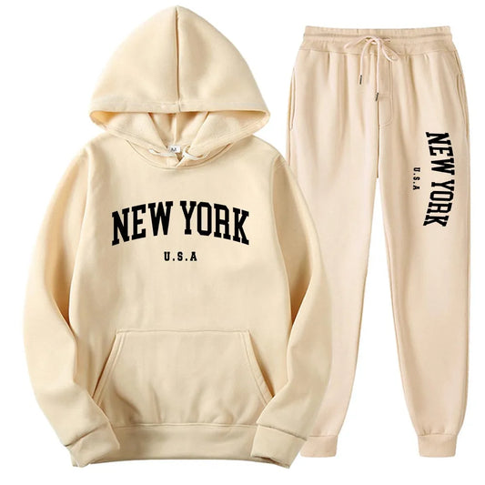 Men Women New York U.S.A City Hoodies Sets Fashion Letter Printed Graphic Sweatshirts Loose Casual Harajuku Hooded+Pants Pullove