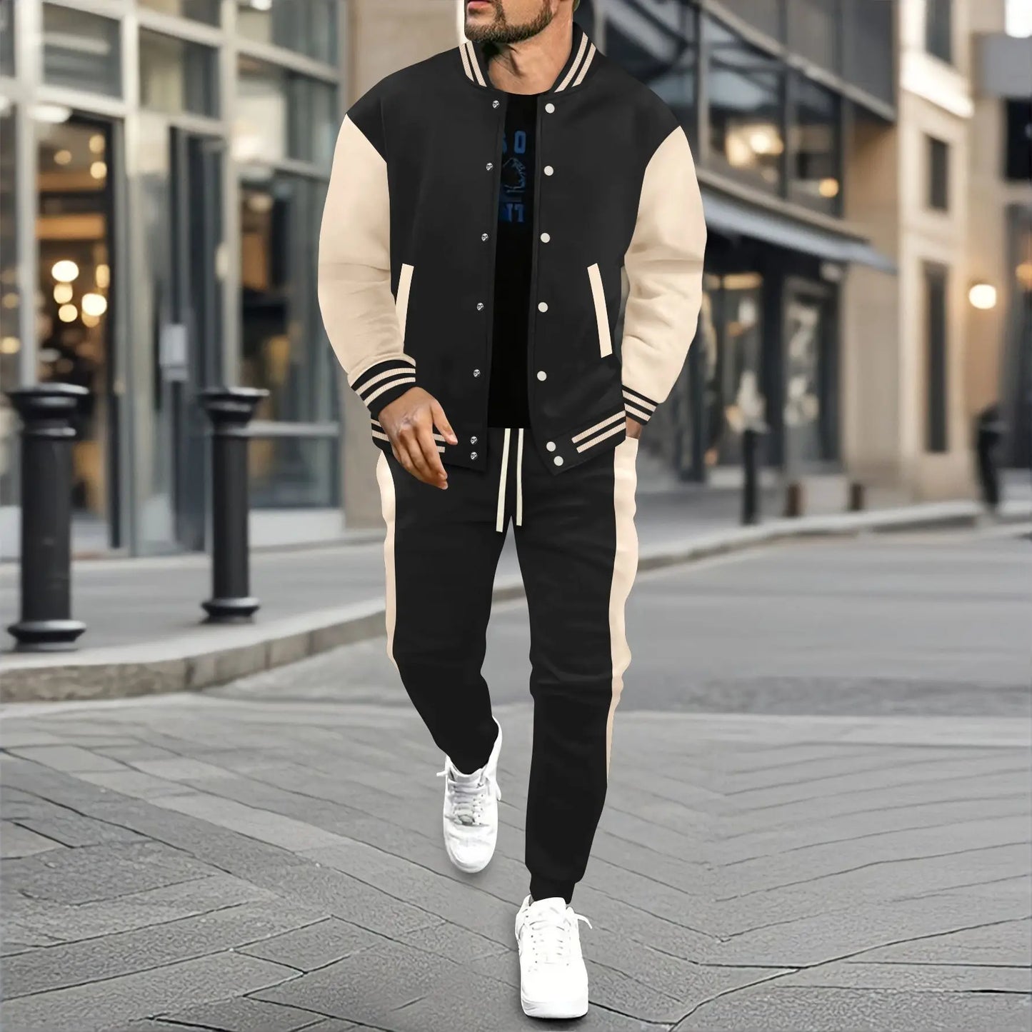 Vintage baseball-style streetwear in autumn and winter, men's color-matched patchwork jacket and tapered pants as a trendy combi