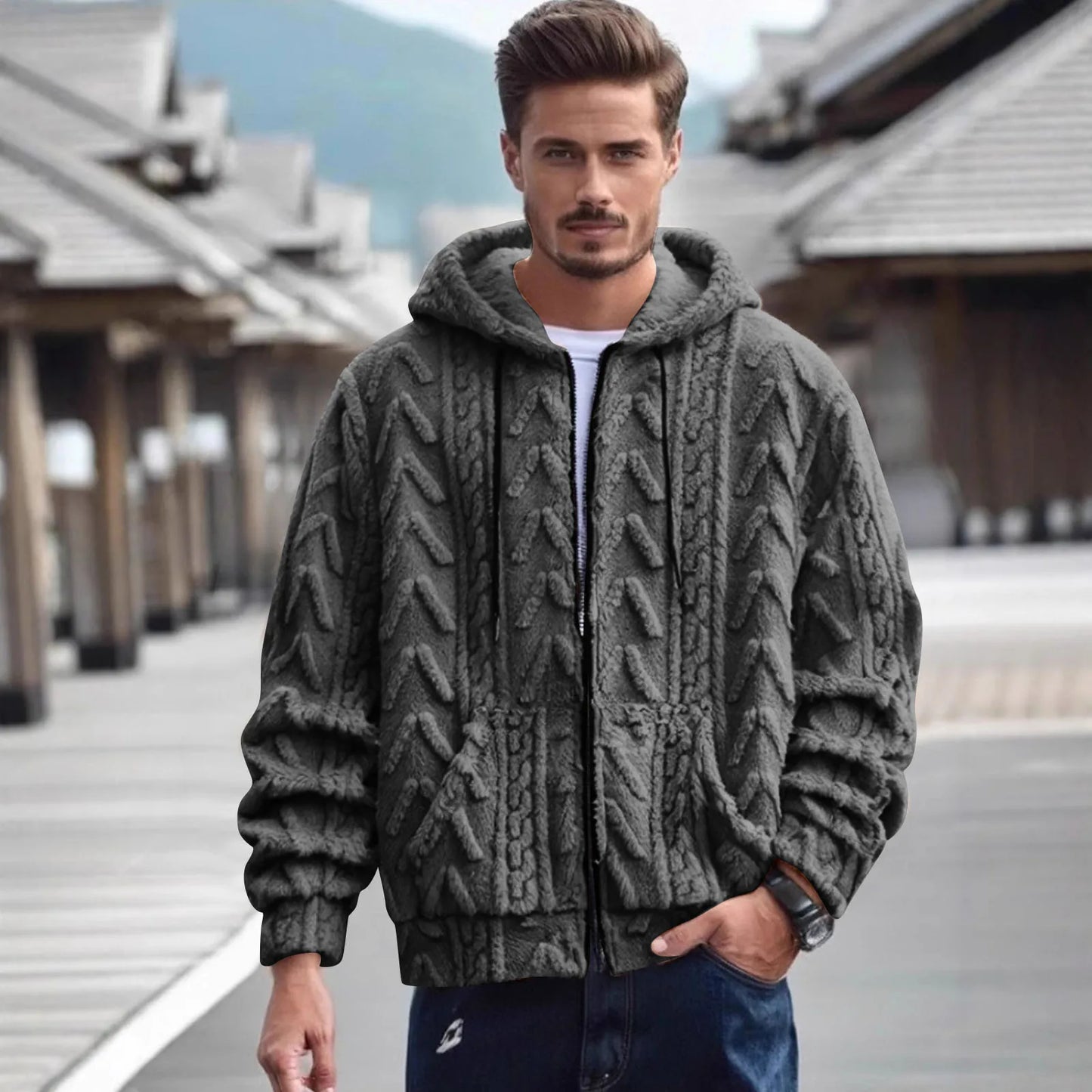 Men fleece hooded sweatshirt casual streetwear warm soft cozy pullover unisex vintage trendy oversized stylish winter fashion