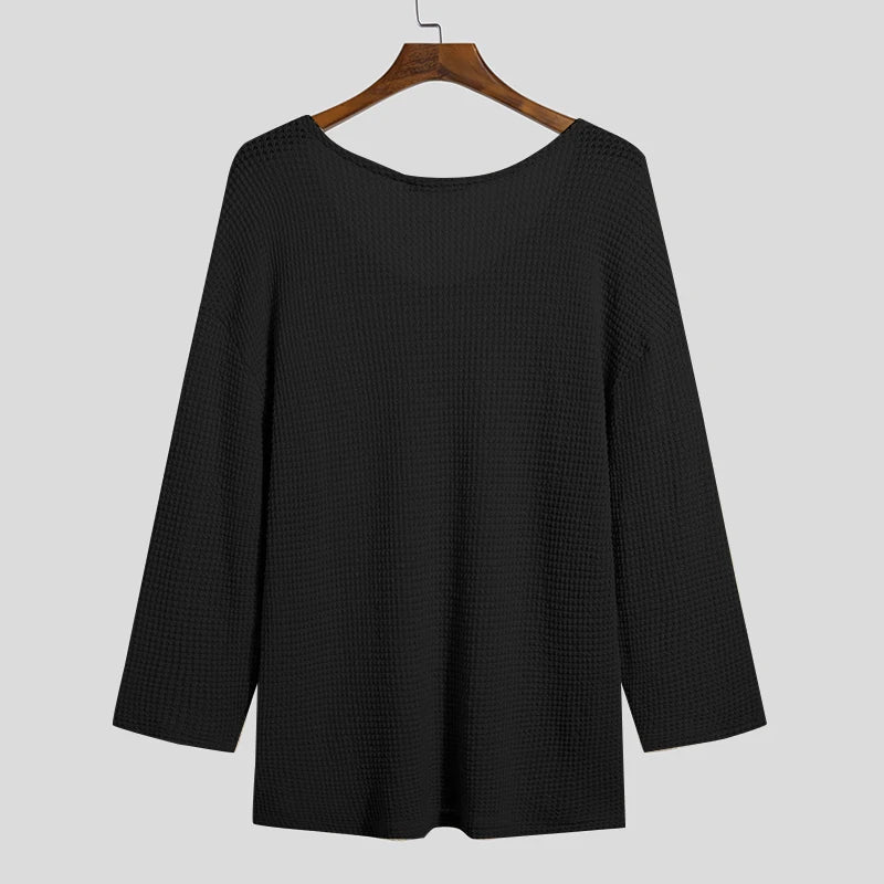 INCERUN Men T Shirt Solid Color Knitted V Neck Long Sleeve Casual Men Clothing Streetwear 2023 Hollow Out Loose Camisetas S-5XL