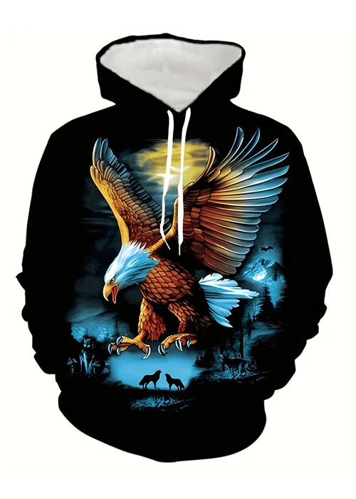 Men's Stylish Loose Eagle Pattern Hoodie With Pockets,Casual Stretch Long Sleeve Hooded Sweatshirt For Outdoor Activities