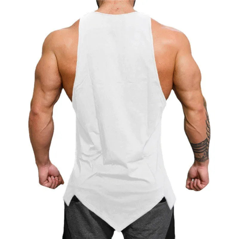 Men’s Gym Clothes Summer Trend Cotton Breathable Vest Irregular Hem Fitness Sleeveless T-shirts Printing O-neck