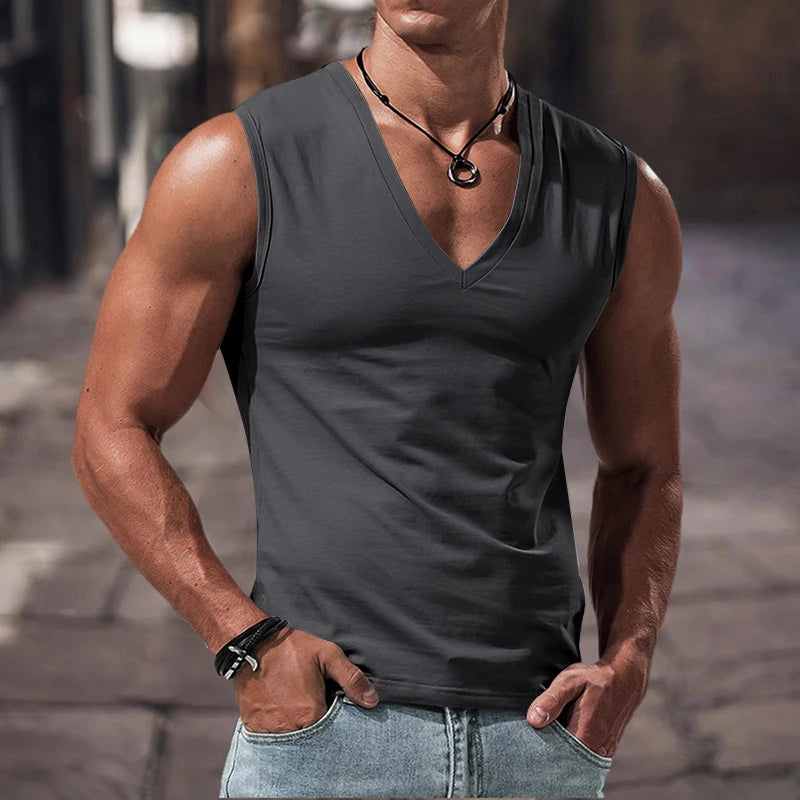 Summer men's solid color V-neck vest casual breathable sleeveless T-shirt vest suitable for fitness and sports