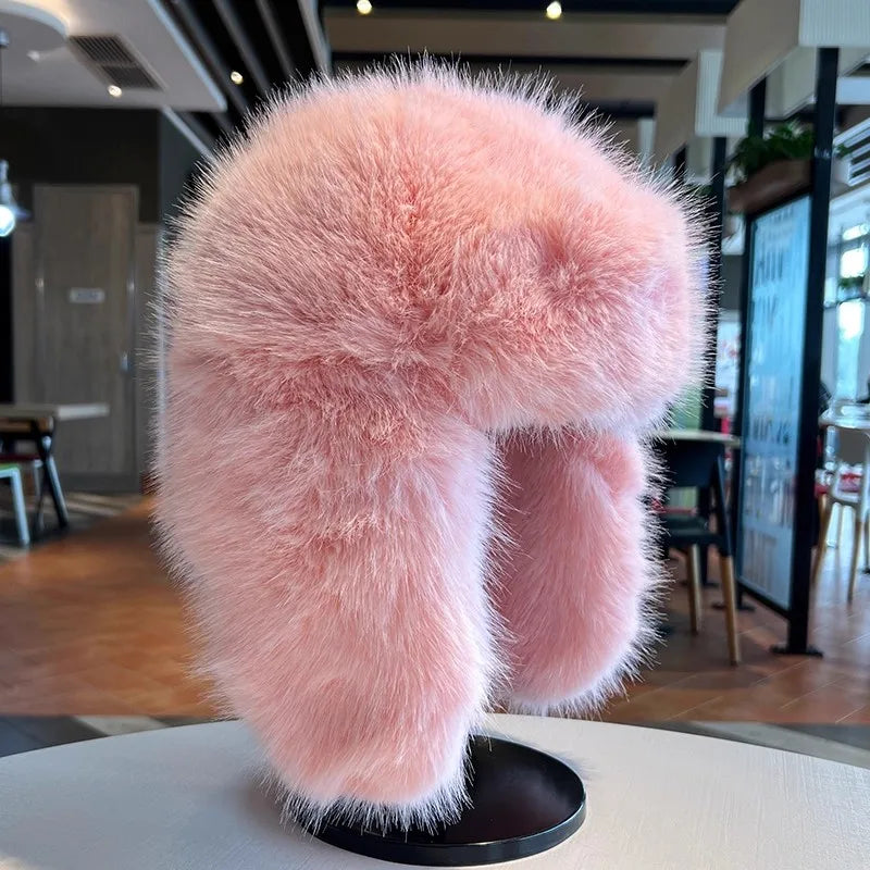 Thicken Winter Faux Fur Mink Plush Lei Feng Hat for Women Outdoor Skiing Cycling Cap Warm Ear Protection Cold Proof Russian Hat